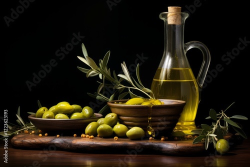 Golden olive oil pouring from a glass bottle into a wooden bowl, surrounded by fresh green olives, olive branches, and spices, creating a rustic, mediterranean still life photo