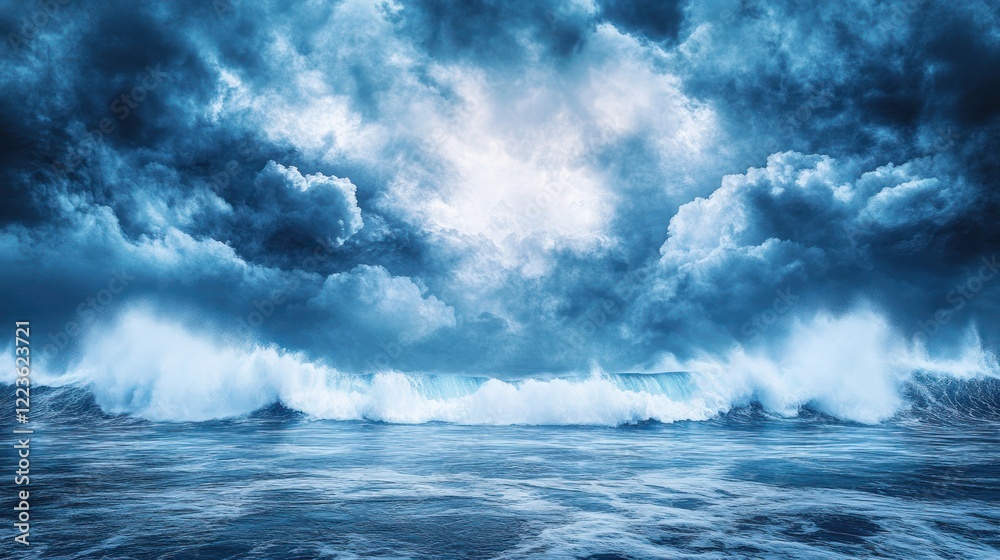 Fototapeta premium Large waves erupt onto the coastline as dark clouds gather above during twilight hours