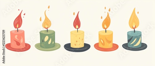 Colorful Six Candles with Varying Designs and Flames in a Festive Setting