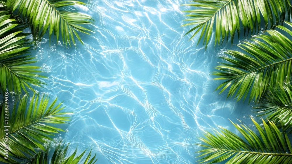 Fototapeta premium Bright blue water glimmers under the sunlight, fringed by vibrant green palm fronds