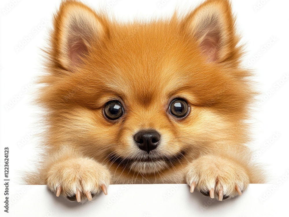 Obraz premium Pomeranian puppy looks curiously over a white background with playful expression and attentive gaze
