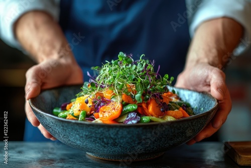 A chef presents a vibrant bowl of roasted vegetables and microgreens, a colorful and healthy dish.