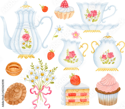 Vintage tea set watercolor clipart. Teapot, teacup and saucer, sugar bowl, milk jug, chamomile bouquet, cookies, cupcake and strawberry cake.