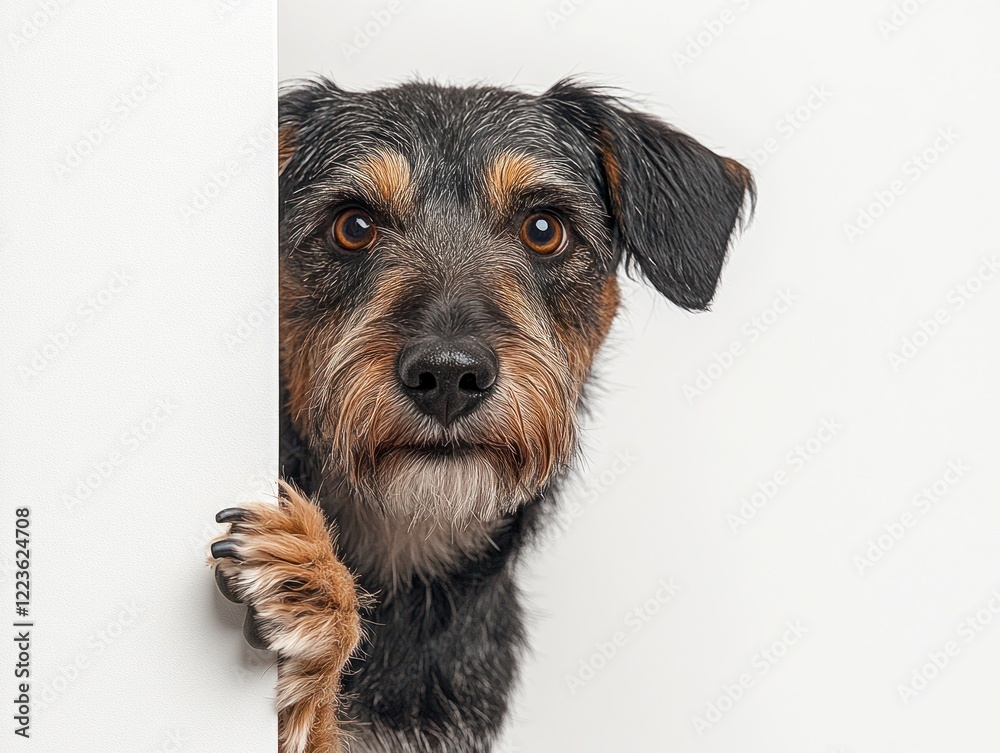 A dog looks inquisitively from behind a partition, showcasing its curious expression and fur A dog looks inquisitively from behind a partition, showcasing its curious expression and fur
