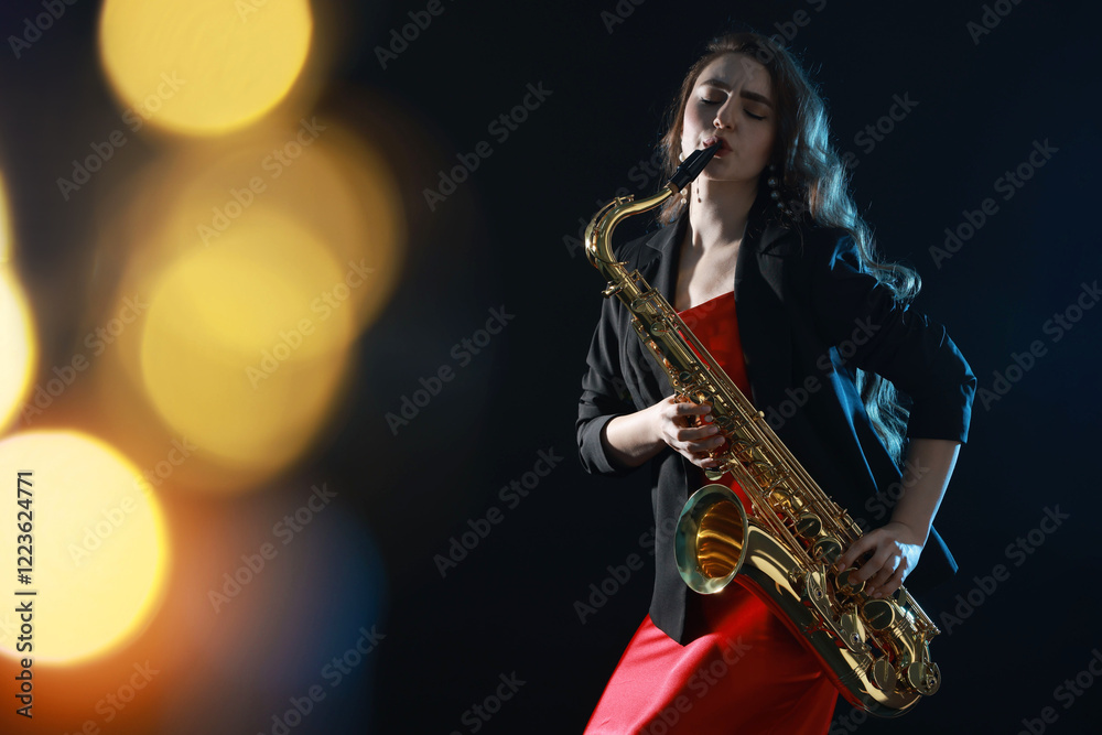 Naklejka premium Professional musician playing saxophone on black background with blurred lights. Bokeh effect