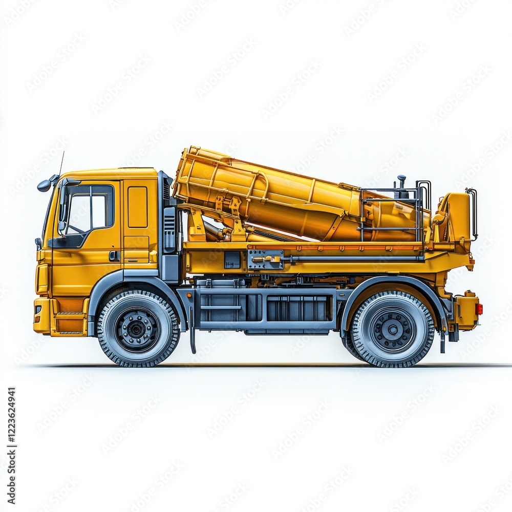 Fototapeta premium Industrial concrete mixer truck photo realistic blank mockup with copy space and logotype space for construction site isolated on white. Heavy-duty Construction Vehicle Cement Mixer Truck.