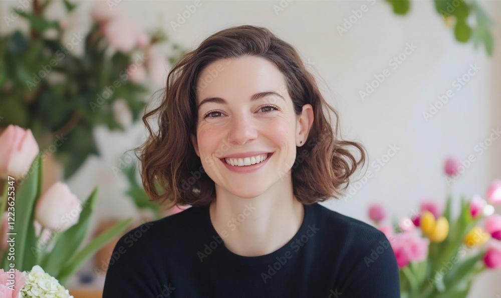 Woman smiling, flower shop background, portrait, website Woman smiling, flower shop background, portrait, website