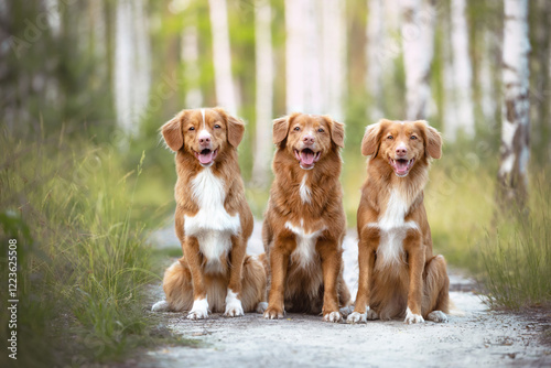 Three happy nova scotia duck tolling retriever dogs smilling and looking at the camera, sitting in a forest. All dogs same breed, similar, siblings, littermates
