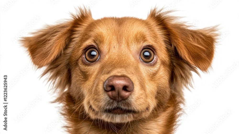 Dog with golden fur and curious expression gazes at the camera in a neutral setting