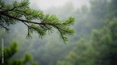 Rain falling on evergreen pine branch in misty forest