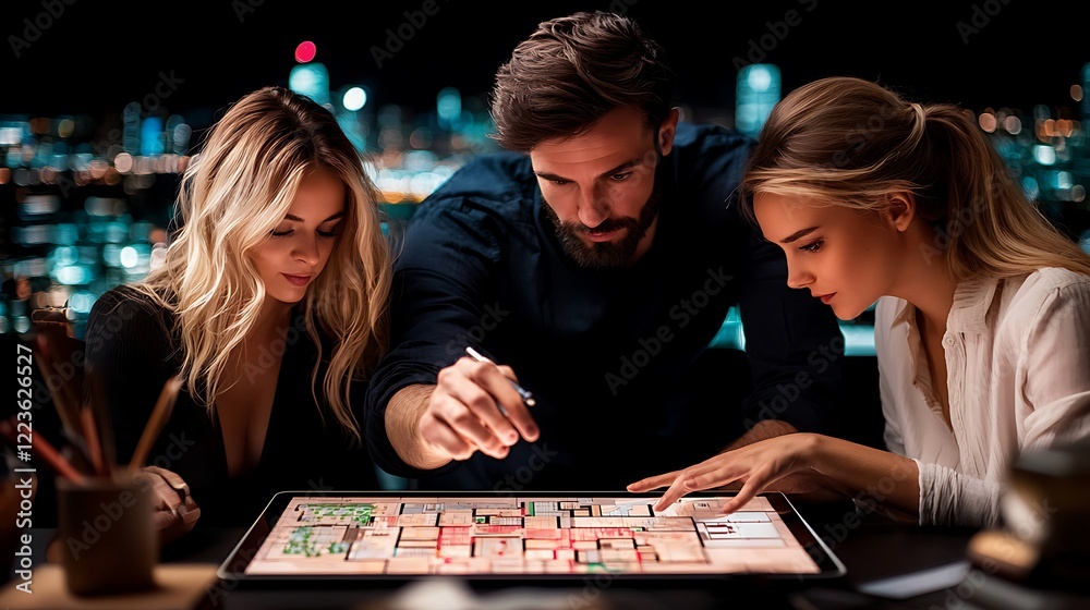 Fototapeta premium Team brainstorming design, night city view