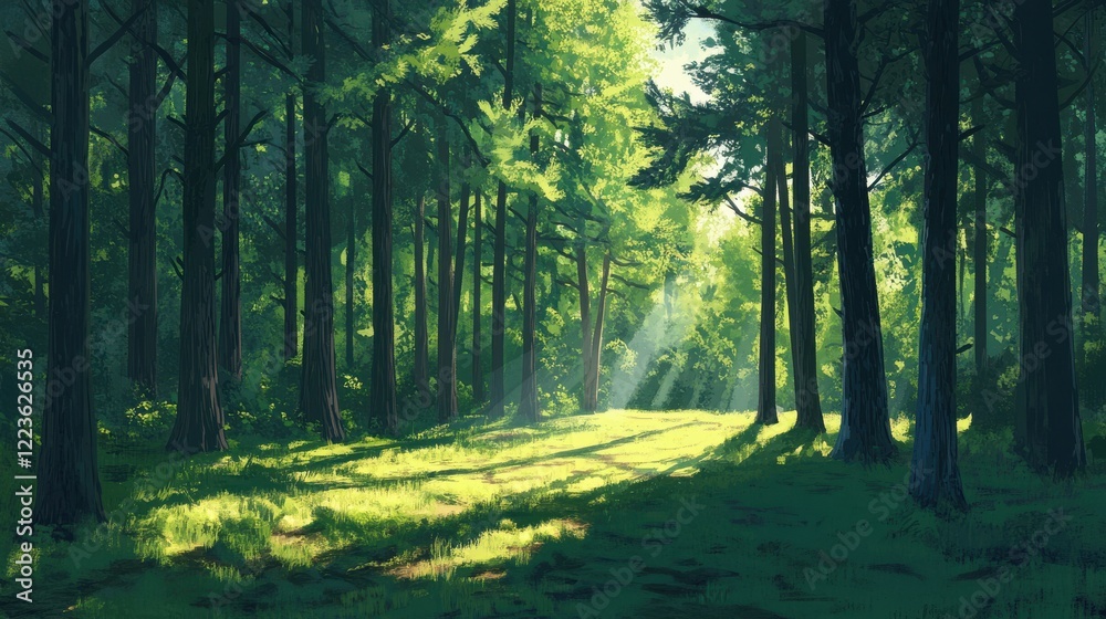 Sunlit forest clearing with tall trees and lush greenery Sunlit forest clearing with tall trees and lush greenery