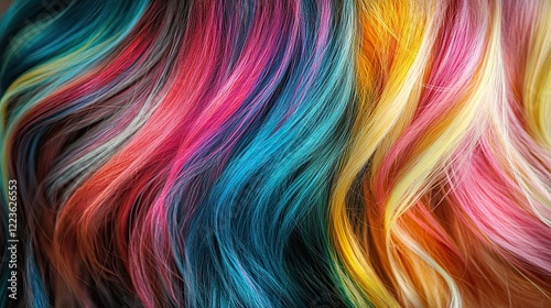 Close-up of vibrant, colorful dyed hair with flowing strands. photo