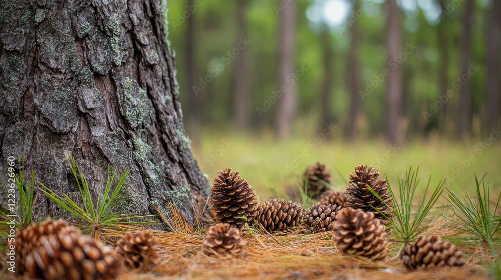 Close-up of pine cones and needles on forest floor with tree trunk in background Close-up of pine cones and needles on forest floor with tree trunk in background