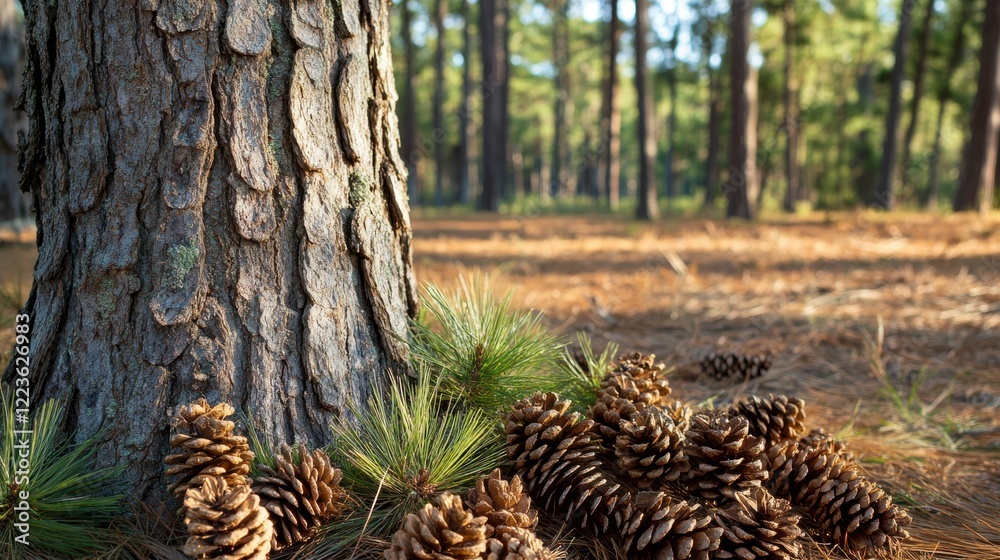 Pine cones and tree trunk in sunlit forest setting Pine cones and tree trunk in sunlit forest setting