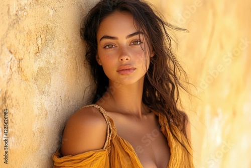A young woman with tanned skin and freckles leans against a sunlit wall, wearing a mustard-yellow dress.