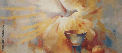 The Holy Spirit Descending Upon the Eucharist Chalice, watercolor concept background