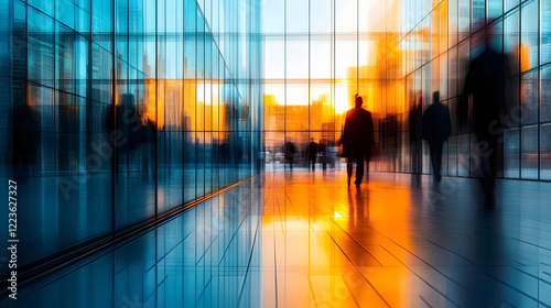 A sleek, modern building corridor with glass walls and reflections, showing blurred figures walking through, representing fast-paced and dynamic city life.