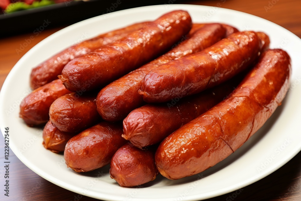 Juicy grilled sausages are arranged on a white plate, ready to be enjoyed for a satisfying meal Juicy grilled sausages are arranged on a white plate, ready to be enjoyed for a satisfying meal