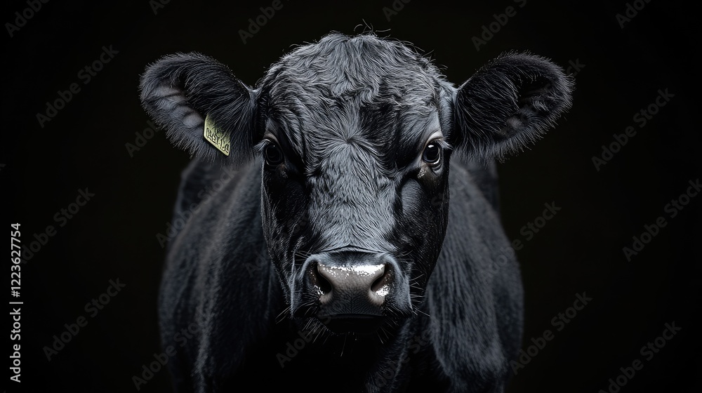 Close-up portrait of a black cow with a serious expression against a dark background, showcasing its features Close-up portrait of a black cow with a serious expression against a dark background, showcasing its features