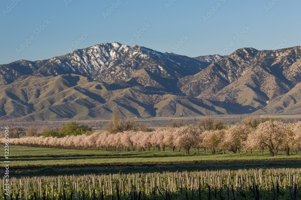 Almond Blossoms in Spring Almond trees in full bloom with soft pink and white blossoms under a clear blue sky Almond Blossoms in Spring Almond trees in full bloom with soft pink and white blossoms under a clear blue sky