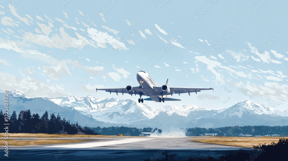 Passenger jet taking off against snowy mountain backdrop Passenger jet taking off against snowy mountain backdrop