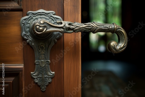 Close up of an ornate metal door handle adorning a classic wooden door, hinting at timeless elegance and craftsmanship