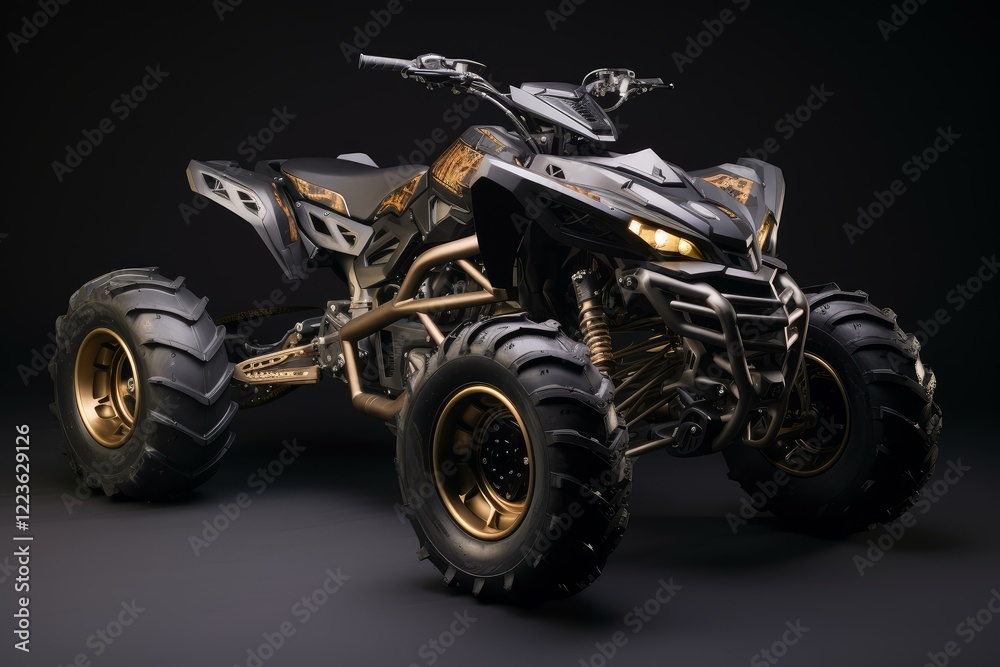 Studio shot of a customized four wheeler atv quad bike highlighting its powerful design and off road capabilities Studio shot of a customized four wheeler atv quad bike highlighting its powerful design and off road capabilities