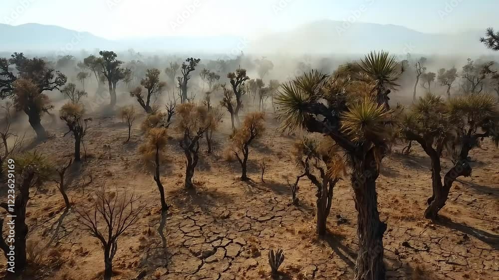 Aerial view of a sun-scorched forest during a prolonged drought. Dry, cracked ground is visible below sparse, brownish trees Aerial view of a sun-scorched forest during a prolonged drought. Dry, cracked ground is visible below sparse, brownish trees