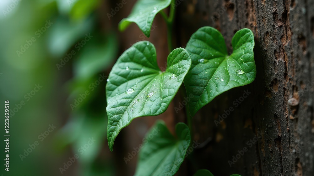 Obraz premium Macro photography of green vine leaves on a wooden fence