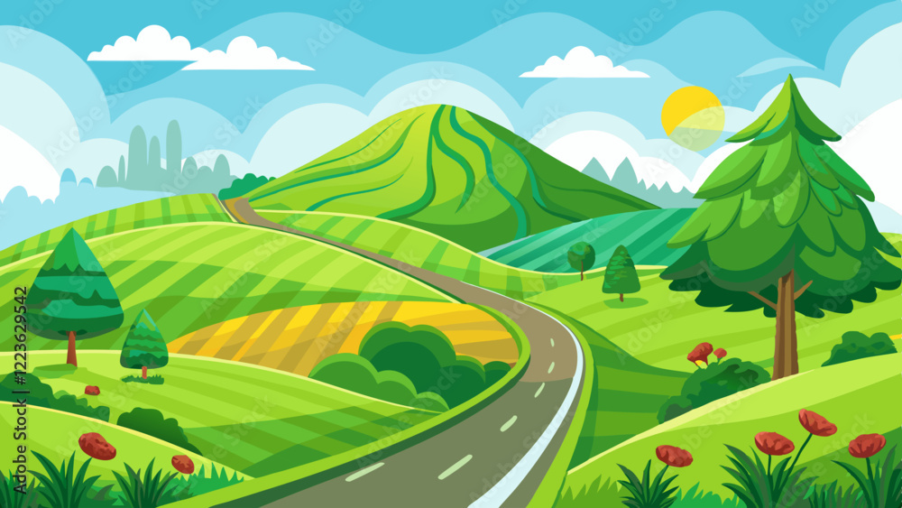 Obraz premium landscape with road green hill and green grass on white background, banner