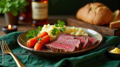 Hearty St Patricks Day dinner featuring slow-cooked corned beef and carrots photo