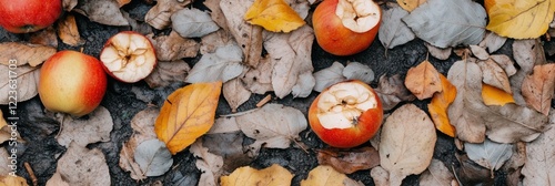Autumn apples on ground with dry leaves showcasing seasonal change and nature bounty