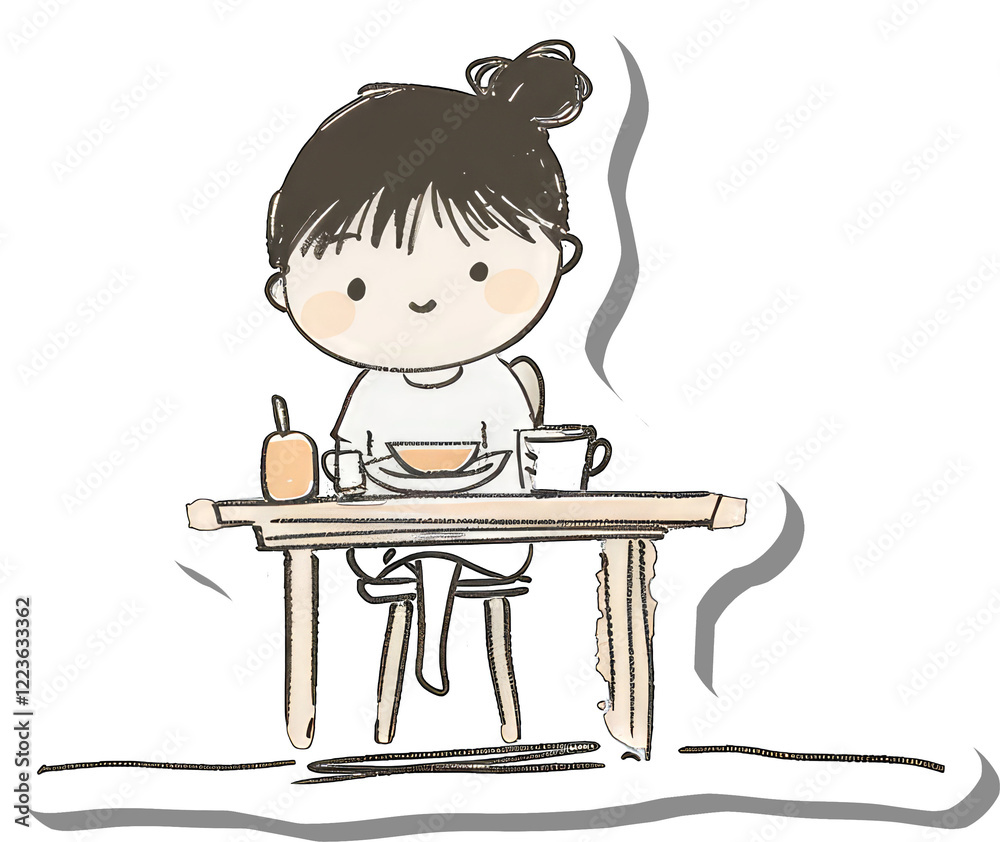 Girl Happily Eating Breakfast At A Small Table Girl Happily Eating Breakfast At A Small Table