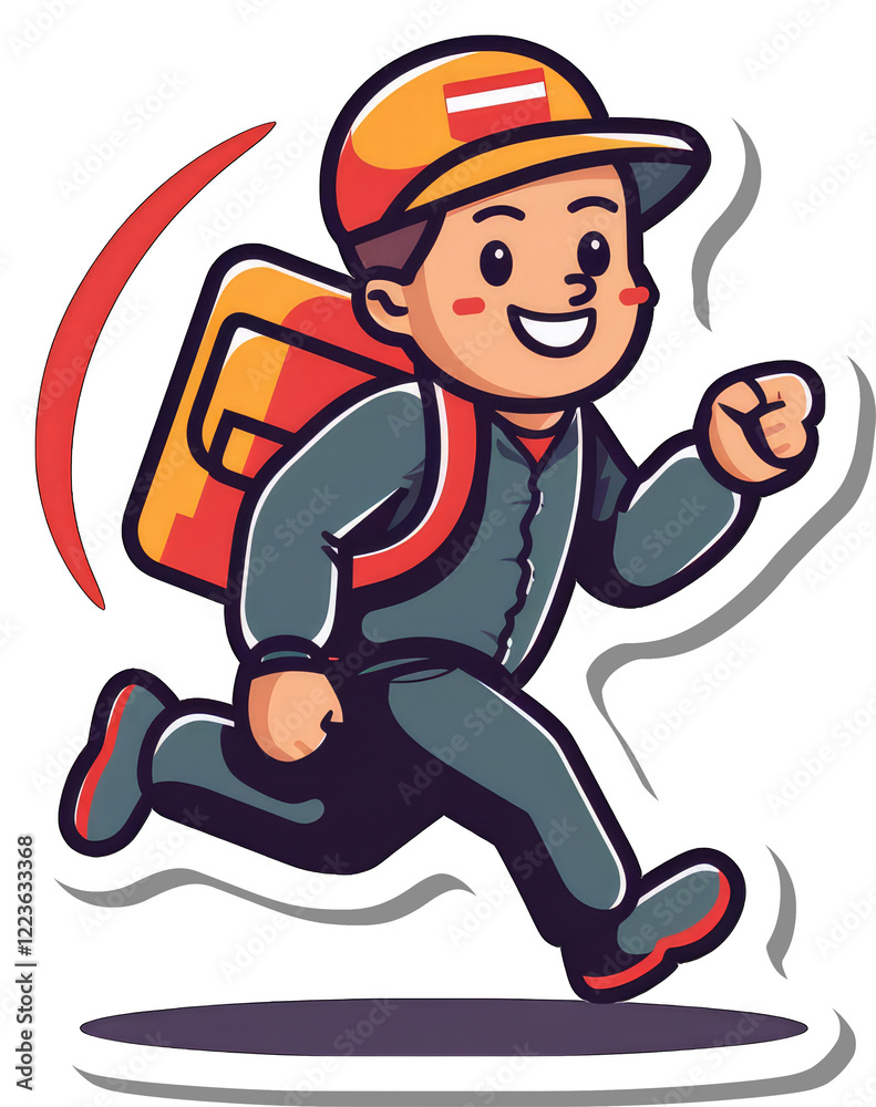 A Happy Delivery Boy Running Fast With Backpack A Happy Delivery Boy Running Fast With Backpack