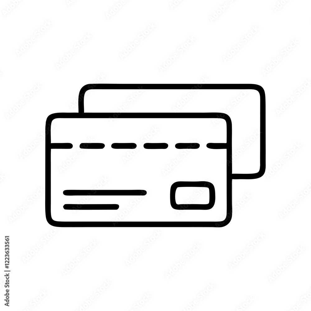Credit card icon, two cards, black outline. Payment, finance, transaction. Use for e-commerce sites, financial apps, UI/UX. Credit card icon, two cards, black outline. Payment, finance, transaction. Use for e-commerce sites, financial apps, UI/UX.