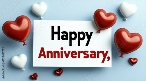 Celebrating love happy anniversary balloons and hearts romantic setting graphic design vibrant colors close-up view joyful moments photo