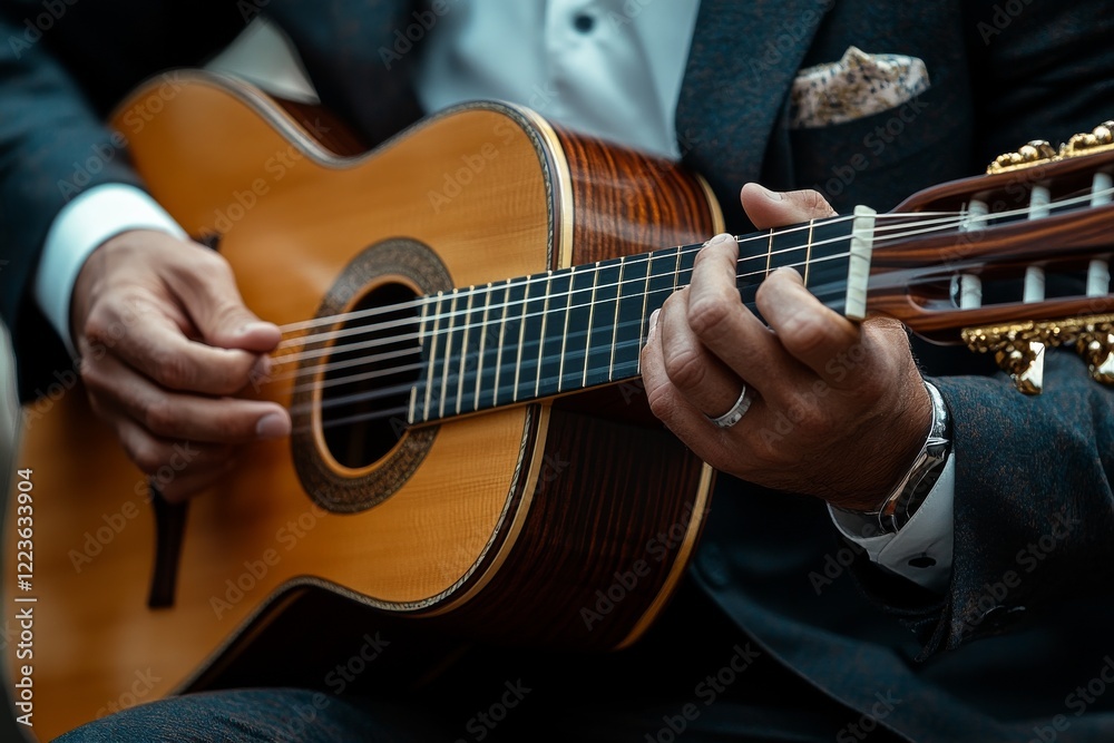 Fototapeta premium Musician playing classical guitar during International Guitar Month