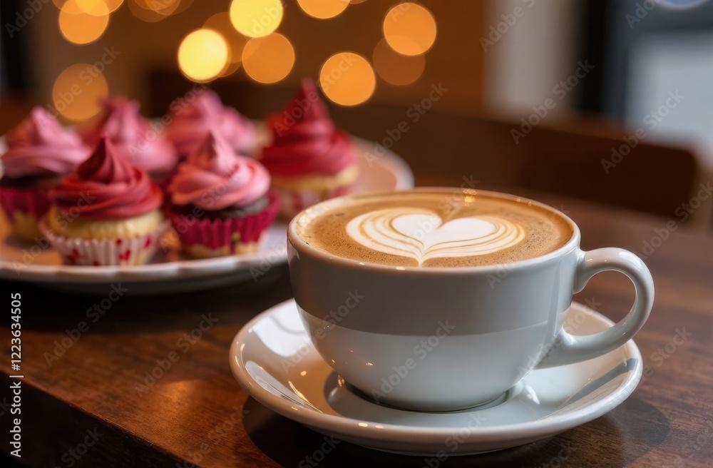 Obraz premium A steaming cup of coffee with a heart design sits on a wooden table beside a plate of colorful cupcakes. Soft bokeh lights create a warm ambiance in the background, suggesting a cozy atmosphere.