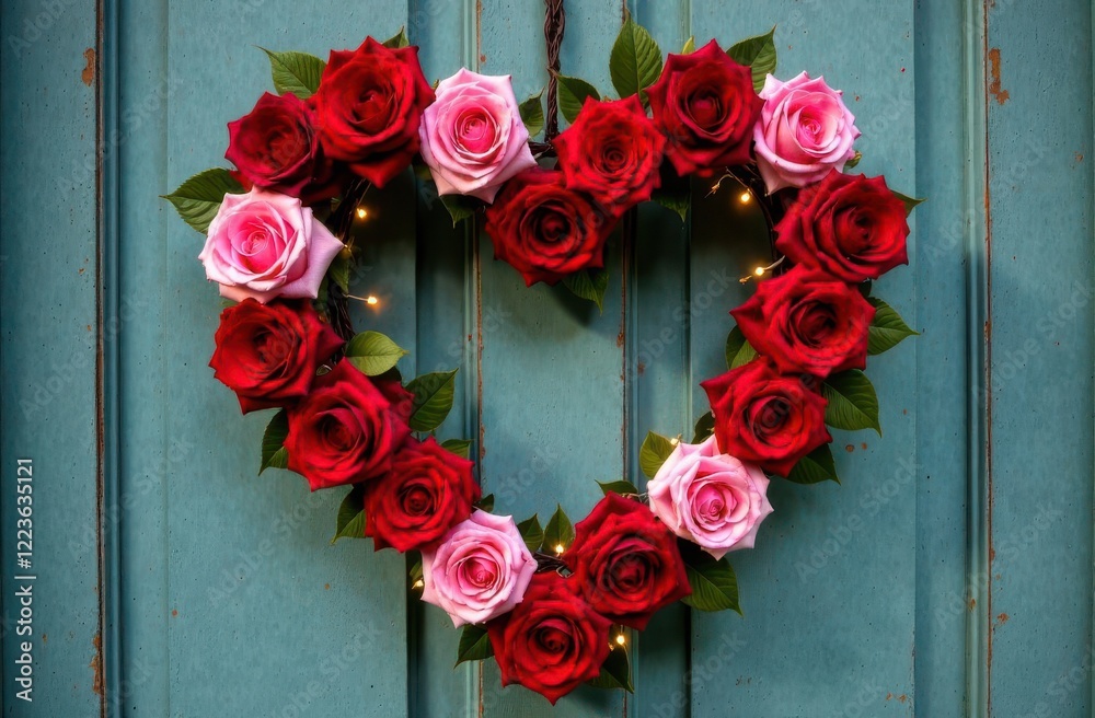 A vibrant heart-shaped wreath composed of red and pink roses is displayed on a rustic blue door. The arrangement adds a touch of romance and charm, perfect for celebrations or welcoming guests. A vibrant heart-shaped wreath composed of red and pink roses is displayed on a rustic blue door. The arrangement adds a touch of romance and charm, perfect for celebrations or welcoming guests.