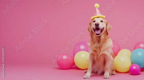 A Golden Retriever wearing a colorful party hat, celebrating a birthday with balloons around, sitting on a pink background