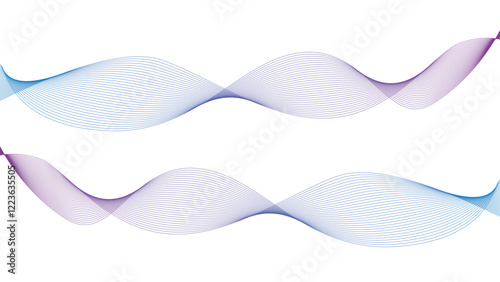 Vector curvy abstract line art wavy flowing dynamic blue purple white background in concept music or sound, wave, wind, information flow	
