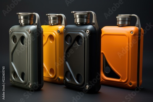 Studio shot of colorful metal hip flasks standing on dark background, showcasing modern design and variety photo