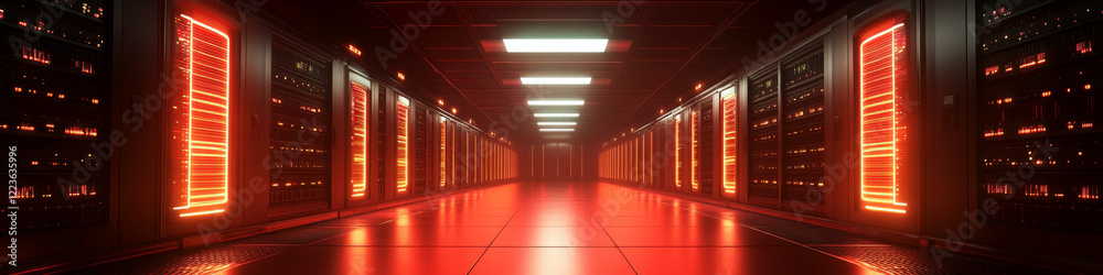 Fototapeta premium Server racks line a hallway, glowing with red light, creating a high-tech atmosphere. Concept of data centers or digital storage. For technology presentations.