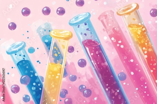Colorful test tubes filled with vibrant liquids against a pink background, showcasing a scientific experiment