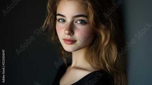 Young caucasian female teen with long hair and neutral expression against dark background