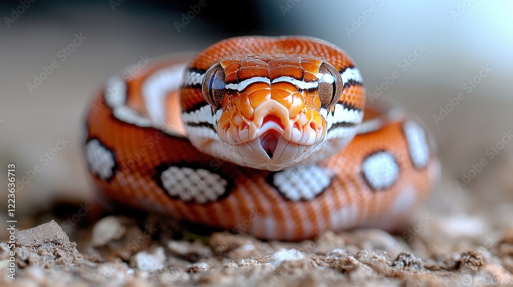 Obraz premium Close-up of an orange snake coiled on ground. Nature wildlife reptile photography