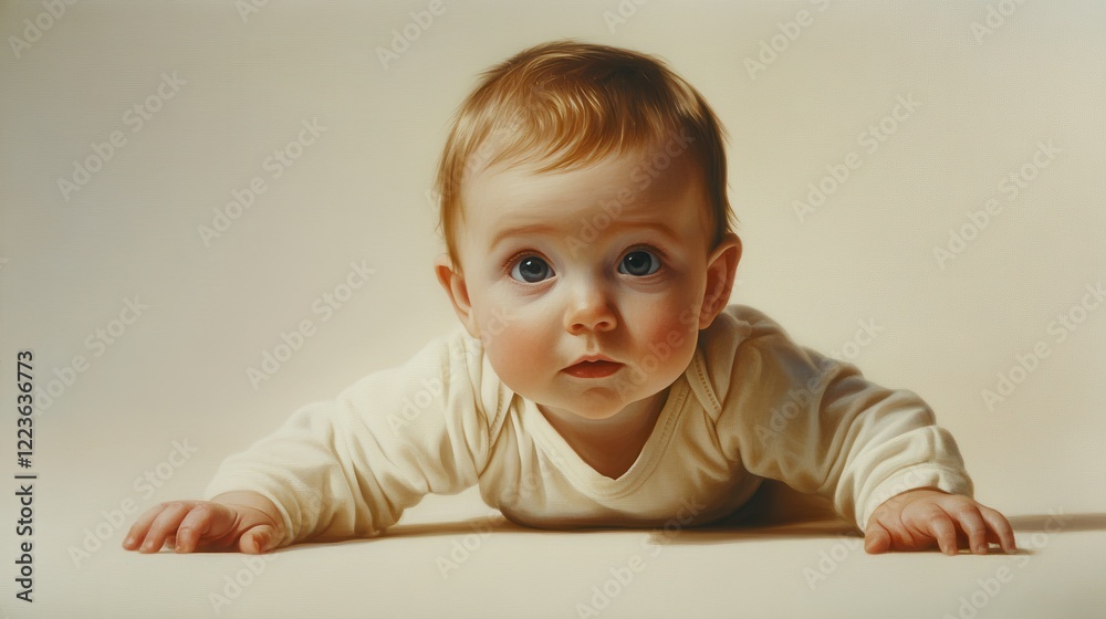 Adorable caucasian baby with curious expression in warm lighting Adorable caucasian baby with curious expression in warm lighting
