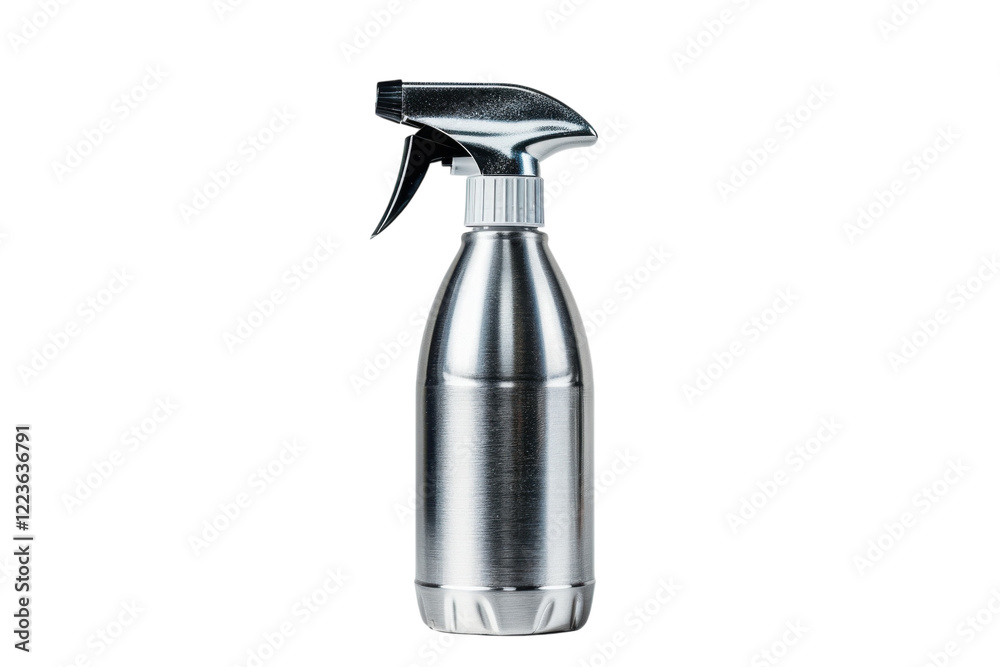 A sleek silver spray bottle releasing a fine mist in a bright and clean setting during midday light isolated on transparent background A sleek silver spray bottle releasing a fine mist in a bright and clean setting during midday light isolated on transparent background