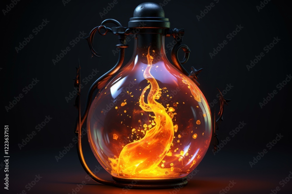 Glass bottle containing a swirling magical potion with fire and smoke, set against a dark background Glass bottle containing a swirling magical potion with fire and smoke, set against a dark background